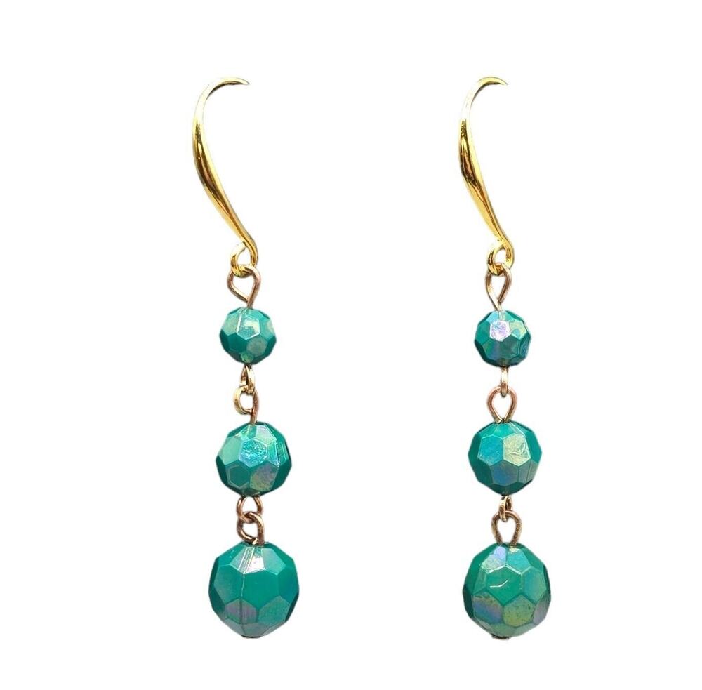 Green AB Earrings Pierced Graduated Beads Dangle Silver Tone SKU 65